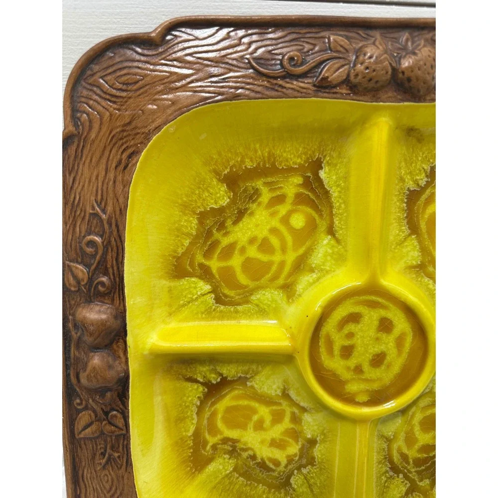 Treasure Craft‎ Divided Serving Tray Yellow Excellent Lava Glaze Fruit MCM Retro